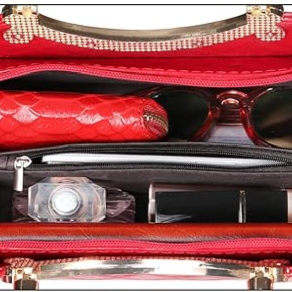 Neiman Marcus Shiny Faux Leather Red Diamond Pattern Top Handle Purse - Picture 3 of 4